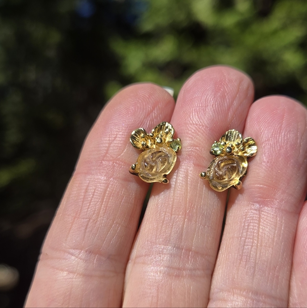 Tourmaline & Peridot Natural Gemstone Sterling Rhodium & Gold Earrings - Picture 6 of 8